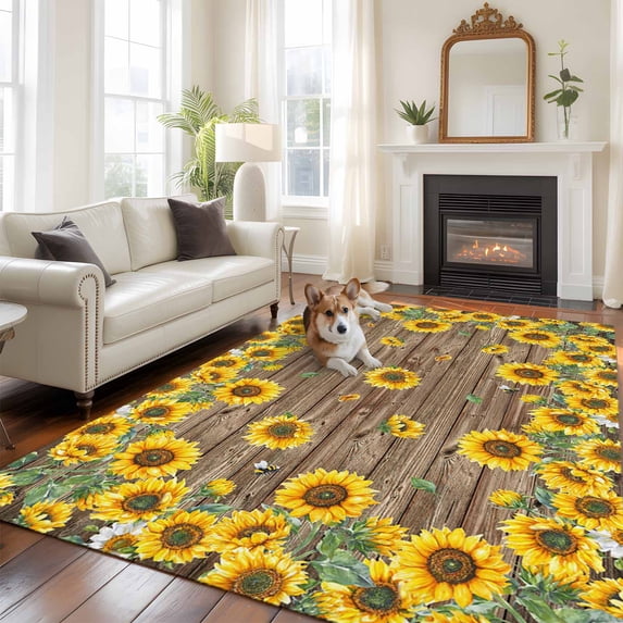 6'x9' Area Rugs, Sunflower Indoor Outdoor Area Rug for Living Room Bedroom, Brown Wood Grain Rustic Farmhouse Bee Washable Bathroom Rugs Kitchen Floor Carpet Mats Home Decor Aesthetic