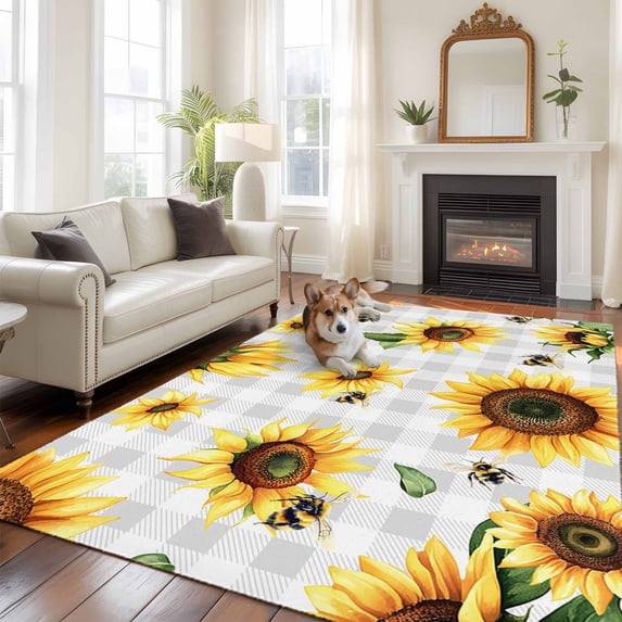 6'x9' Area Rugs, Sunflower Indoor Outdoor Area Rug for Living Room Bedroom, Farmhouse Grey Buffalo Check Floral Bee Washable Bathroom Rugs Kitchen Floor Carpet Mats Home Decor Aesthetic