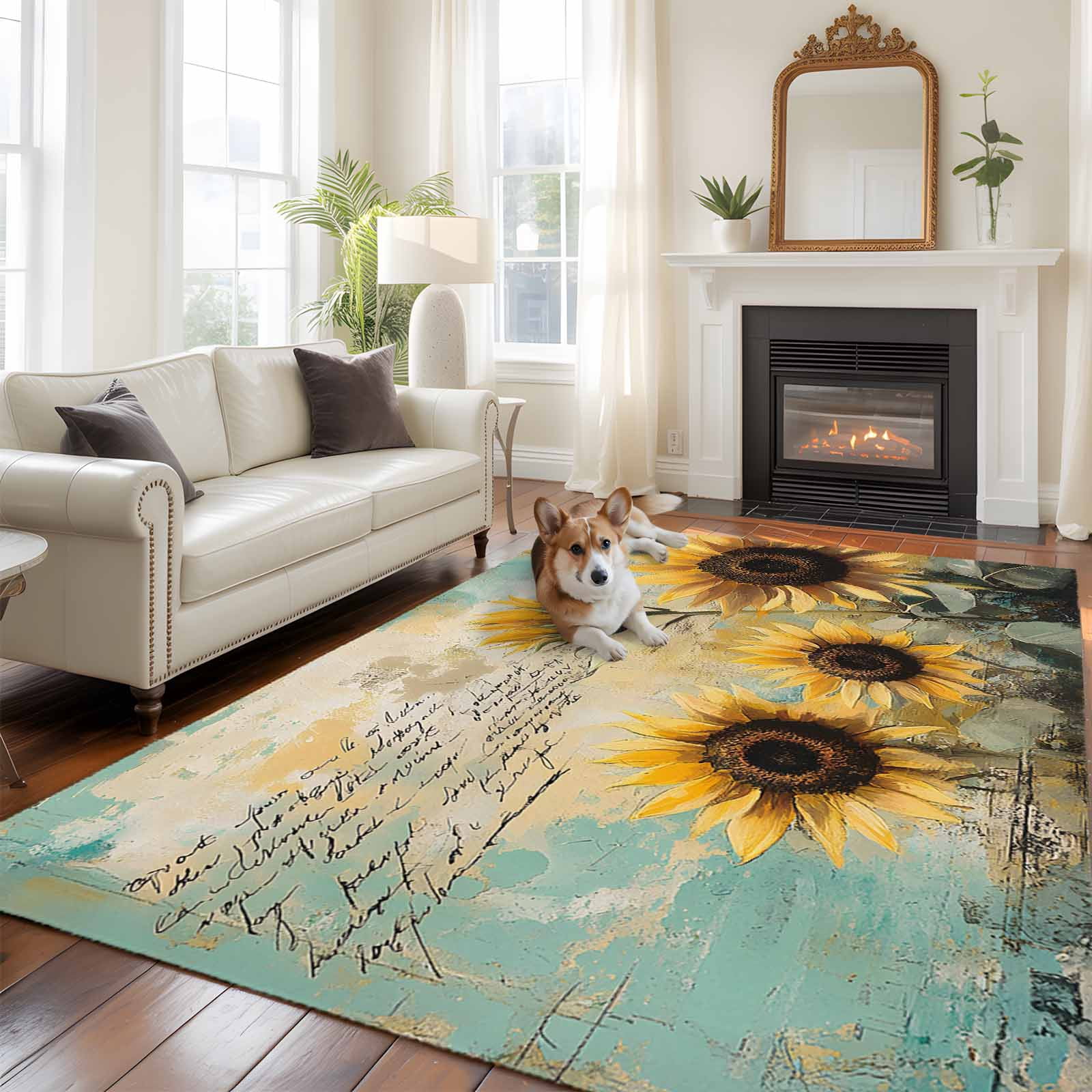 6'x9' Area Rugs, Sunflower Indoor Outdoor Area Rug for Living Room Bedroom, Farmhouse Vintage Summer Botanical Pastoral Washable Bathroom Rugs Kitchen Floor Carpet Mats Home Decor Aesthetic