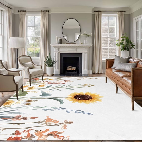 6'x9' Area Rugs, Sunflower Indoor Outdoor Area Rug for Living Room Bedroom, Farmhouse Yellow Summer Botanical Washable Bathroom Rugs Kitchen Floor Carpet Mats Home Decor Aesthetic
