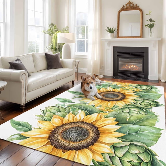6'x9' Area Rugs, Sunflower Indoor Outdoor Area Rug for Living Room Bedroom, Spring Budding Flowers Seasonal Botanical Washable Bathroom Rugs Kitchen Floor Carpet Mats Home Decor Aesthetic