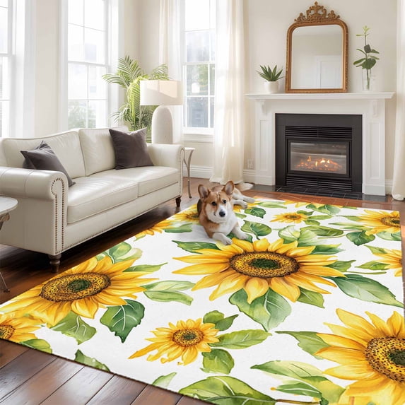 6'x9' Area Rugs, Sunflower Indoor Outdoor Area Rug for Living Room Bedroom, Yellow Summer Botanical Pastoral Washable Bathroom Rugs Kitchen Floor Carpet Mats Home Decor Aesthetic