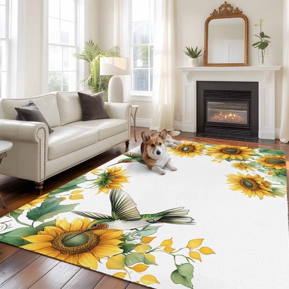 6'x9' Area Rugs, Sunflower Indoor Outdoor Area Rug for Living Room Bedroom, Yellow Summer Flower Hummingbird Retro Washable Bathroom Rugs Kitchen Floor Carpet Mats Home Decor Aesthetic