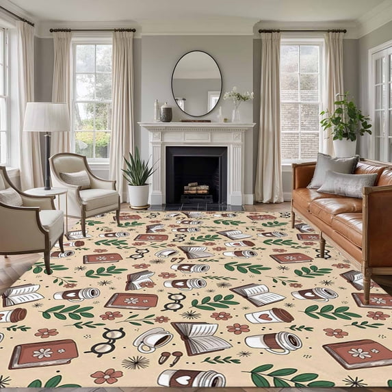 6'x9' Area Rugs, Tan Coffee Indoor Outdoor Area Rug for Living Room Bedroom, Vintage Latte Cafe Books Leaves Flowers Theme Washable Bathroom Rugs Kitchen Floor Carpet Mats Home Decor Aesthetic