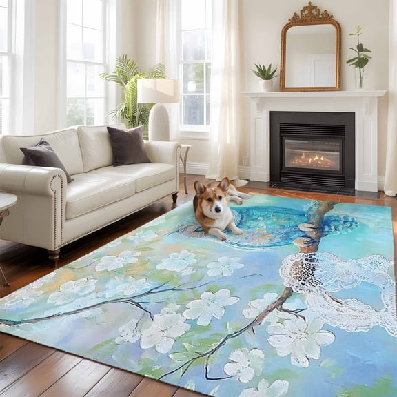 6'x9' Area Rugs, Teal Blue Owl Indoor Outdoor Area Rug for Living Room Bedroom, Modern Flowers Birds on Branch Washable Bathroom Rugs Kitchen Floor Carpet Mats Home Decor Aesthetic