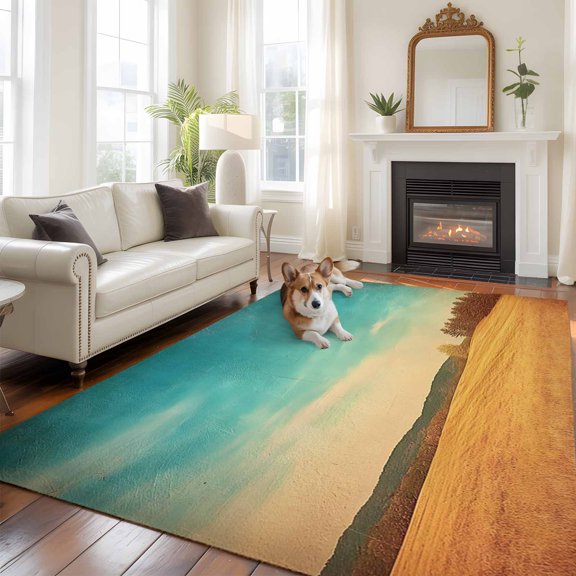 6'x9' Area Rugs, Teal Blue Sky Golden Fields Indoor Outdoor Area Rug for Living Room Bedroom, Retro Nature Hill Scenery Washable Bathroom Rugs Kitchen Floor Carpet Mats Home Decor Aesthetic