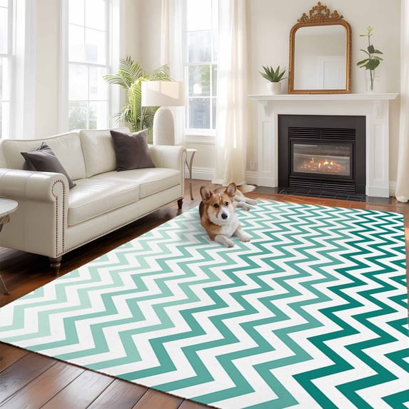 6'x9' Area Rugs, Teal Chevron Indoor Outdoor Area Rug for Living Room Bedroom, Ombre Geometric Ocean Wave V-shaped Washable Bathroom Rugs Kitchen Floor Carpet Mats Home Decor Aesthetic