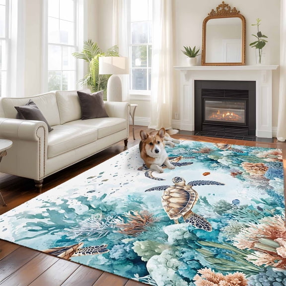 6'x9' Area Rugs, Teal Coastal Turtle Indoor Outdoor Area Rug for Living Room Bedroom, Summer Ocean Coral Washable Bathroom Rugs Kitchen Floor Carpet Mats Home Decor Aesthetic