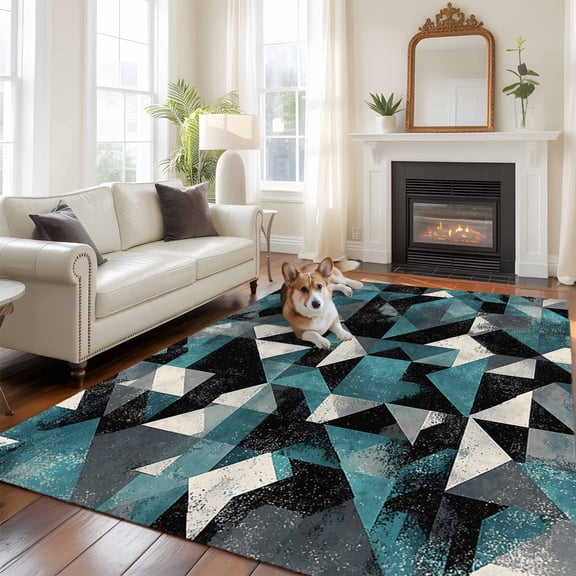 6'x9' Area Rugs, Teal Grey Abstract Art Indoor Outdoor Area Rug for Living Room Bedroom, Modern Art Geometric Washable Bathroom Rugs Kitchen Floor Carpet Mats Home Decor Aesthetic
