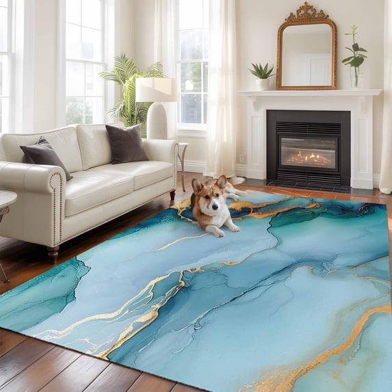 6'x9' Area Rugs, Teal Indoor Outdoor Area Rug for Living Room Bedroom, Luxury Marble Golden Modern Abstract Impressionist Washable Bathroom Rugs Kitchen Floor Carpet Mats Home Decor Aesthetic