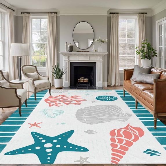 6'x9' Area Rugs, Teal Red Coastal Indoor Outdoor Area Rug for Living Room Bedroom, Ocean Nautical Starfish Coral Striped Washable Bathroom Rugs Kitchen Floor Carpet Mats Home Decor Aesthetic