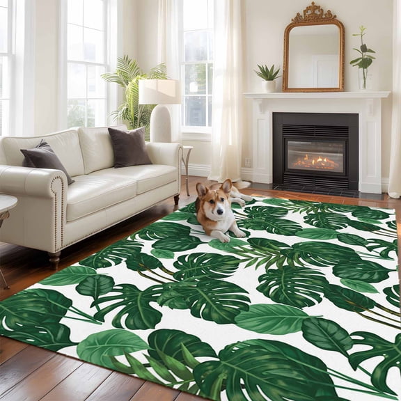 6'x9' Area Rugs, Tropical Palm Leaf Indoor Outdoor Area Rug for Living Room Bedroom, Spring Summer Watercolor Green Plants Washable Bathroom Rugs Kitchen Floor Carpet Mats Home Decor Aesthetic