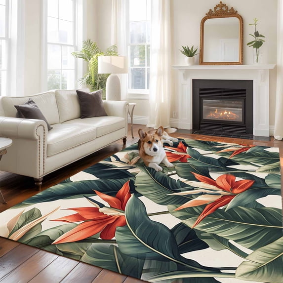 6'x9' Area Rugs, Tropical Plant Indoor Outdoor Area Rug for Living Room Bedroom, Summer Botanical Flowers Leaves Country Washable Bathroom Rugs Kitchen Floor Carpet Mats Home Decor Aesthetic