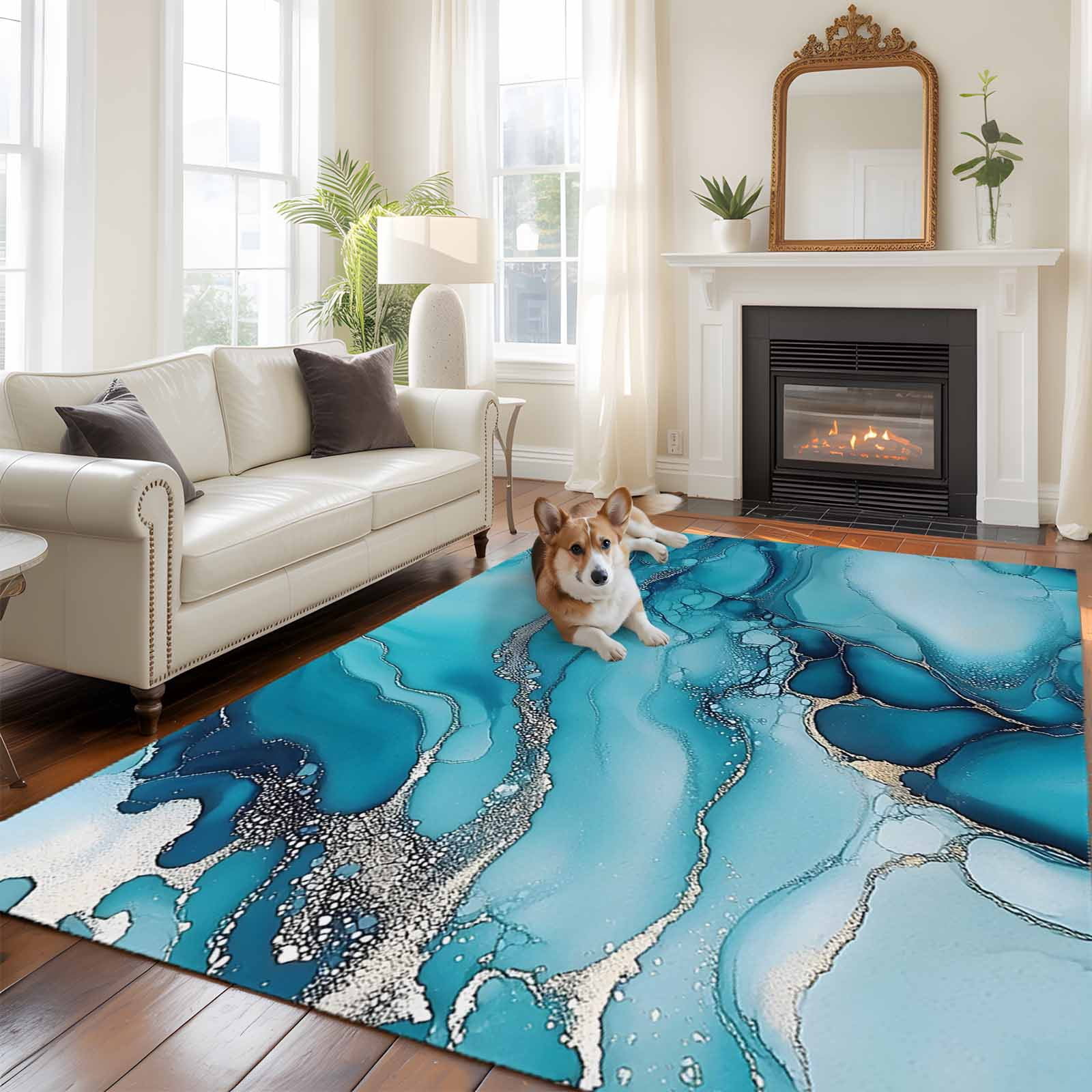 6'x9' Area Rugs, Turquoise Marble Indoor Outdoor Area Rug for Living Room Bedroom, Teal Grey Modern Geometric Washable Bathroom Rugs Kitchen Floor Carpet Mats Home Decor Aesthetic