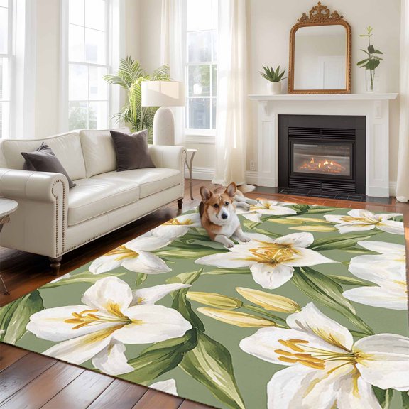 6'x9' Area Rugs, Verdant Flower Patterns Indoor Outdoor Area Rug for Living Room Bedroom, Green White Spring Floral Washable Bathroom Rugs Kitchen Floor Carpet Mats Home Decor Aesthetic