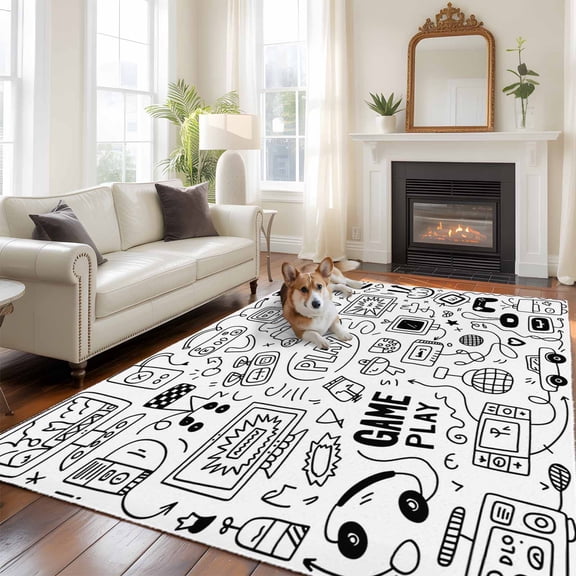 6'x9' Area Rugs, Video Game Indoor Outdoor Area Rug for Living Room Bedroom, Black White Game Controller Monochrome Washable Bathroom Rugs Kitchen Floor Carpet Mats Home Decor Aesthetic