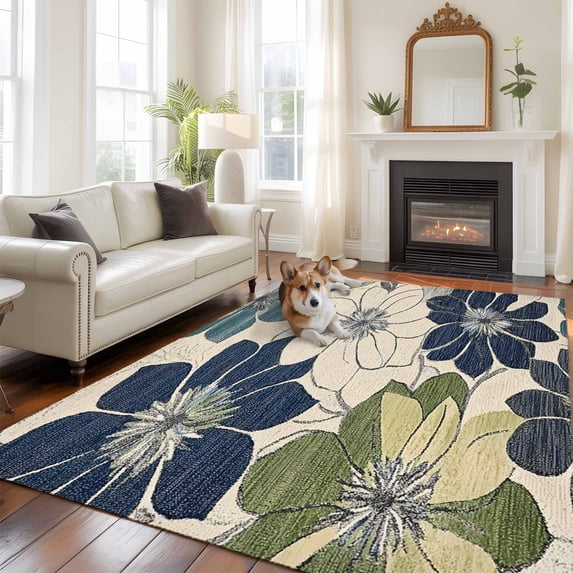 6'x9' Area Rugs, Vintage Botanical Flowers Indoor Outdoor Area Rug for Living Room Bedroom, Rustic Floral Beige Burlap Washable Bathroom Rugs Kitchen Floor Carpet Mats Home Decor Aesthetic