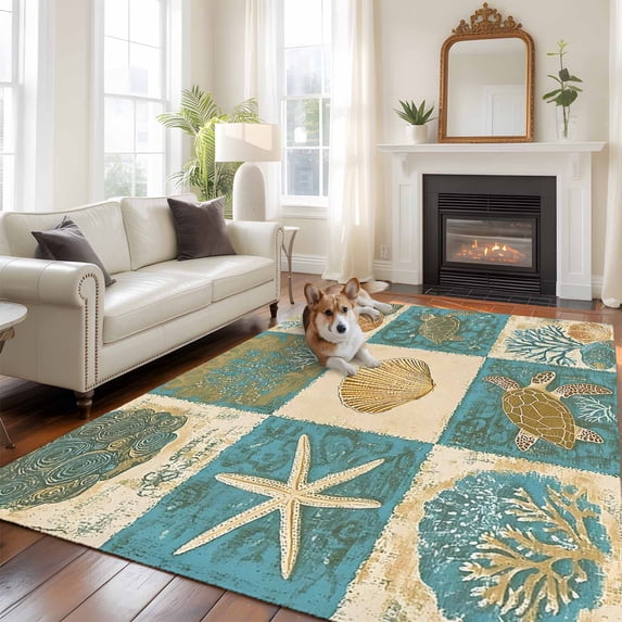 6'x9' Area Rugs, Vintage Coastal Indoor Outdoor Area Rug for Living Room Bedroom, Summer Beach Sea Turtle Shell Starfish Washable Bathroom Rugs Kitchen Floor Carpet Mats Home Decor Aesthetic