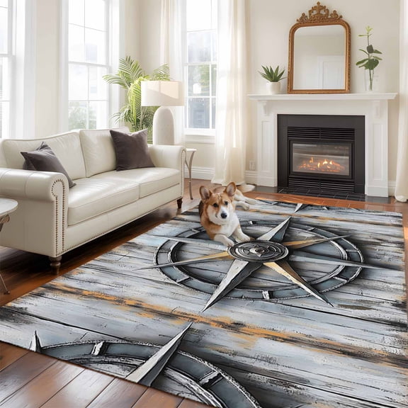 6'x9' Area Rugs, Vintage Compass Coastal Indoor Outdoor Area Rug for Living Room Bedroom, Nautical Summer Beach Ocean Washable Bathroom Rugs Kitchen Floor Carpet Mats Home Decor Aesthetic