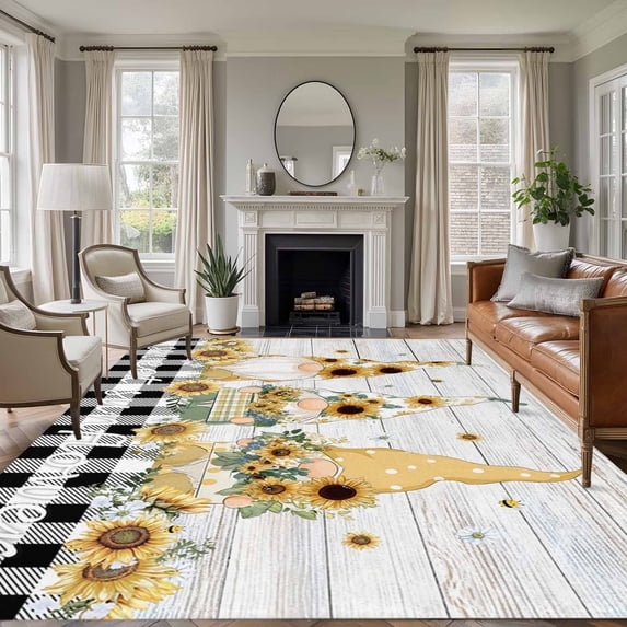6'x9' Area Rugs, Vintage Gnomes Indoor Outdoor Area Rug for Living Room Bedroom, Sunflower Black White Plaid Wooden Retro Art Washable Bathroom Rugs Kitchen Floor Carpet Mats Home Decor Aesthetic