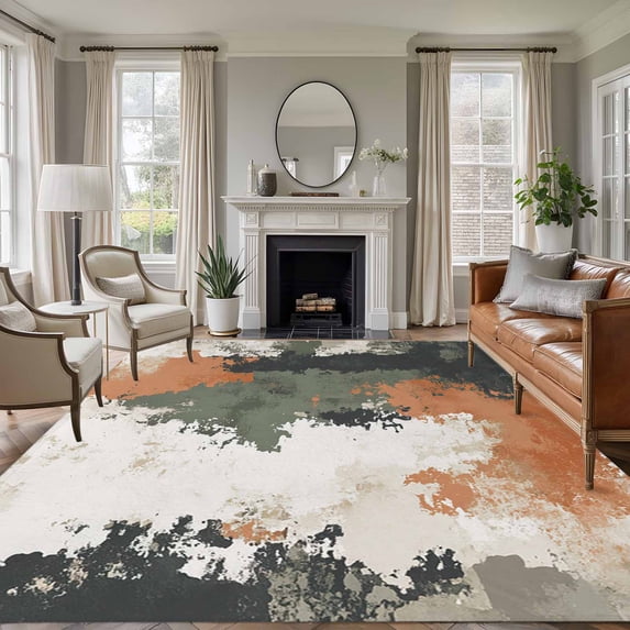 6'x9' Area Rugs, Vintage Sage Green Orange Indoor Outdoor Area Rug for Living Room Bedroom, Modern Abstract Art Washable Bathroom Rugs Kitchen Floor Carpet Mats Home Decor Aesthetic