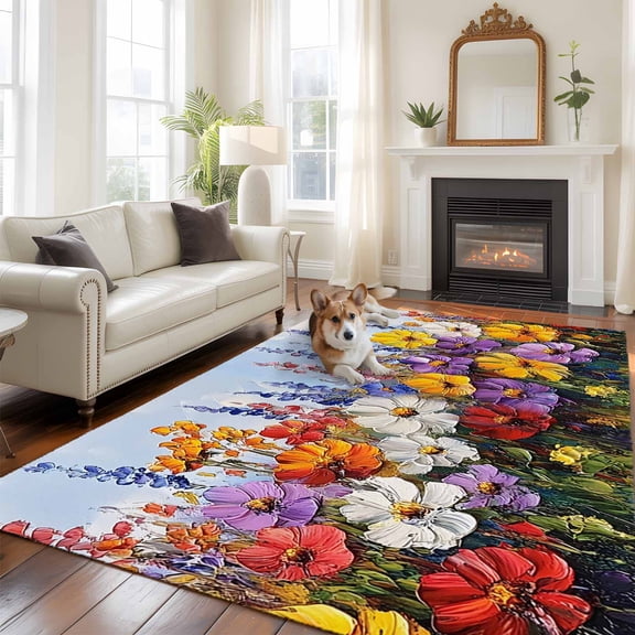 6'x9' Area Rugs, Vintage Wildflowers Indoor Outdoor Area Rug for Living Room Bedroom, Rustic Oil Painted Abstract Botanical Washable Bathroom Rugs Kitchen Floor Carpet Mats Home Decor Aesthetic