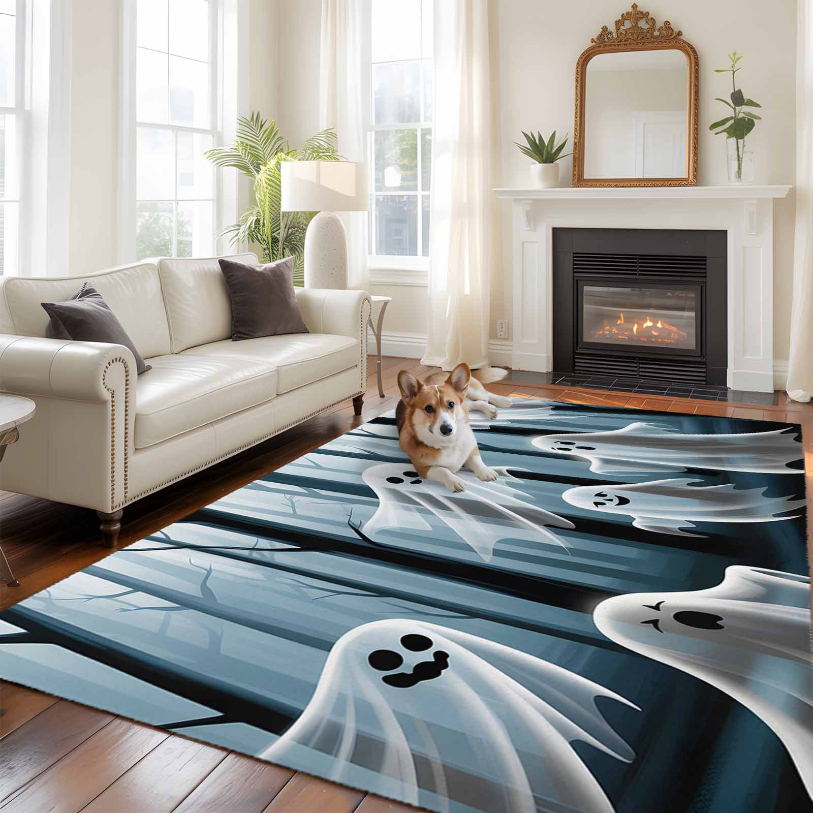6'x9' Area Rugs, White Cute Ghost Halloween Indoor Outdoor Area Rug for ...