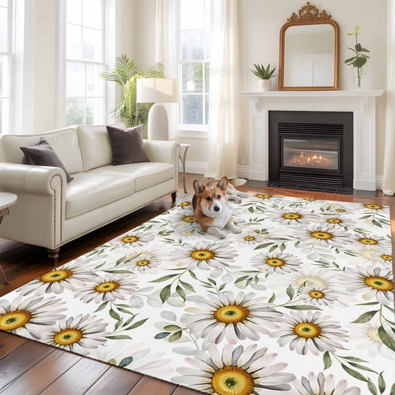 6'x9' Area Rugs, White Daisies Indoor Outdoor Area Rug for Living Room Bedroom, Pastoral Farmhouse Botanical Flowers Leaf Washable Bathroom Rugs Kitchen Floor Carpet Mats Home Decor Aesthetic