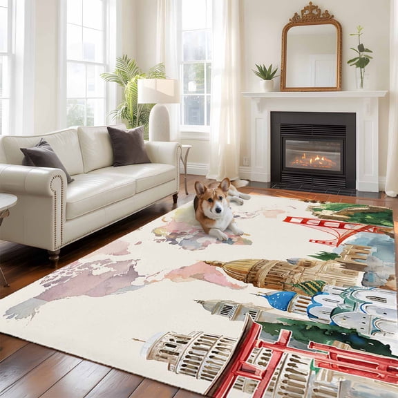 6'x9' Area Rugs, World Map Indoor Outdoor Area Rug for Living Room Bedroom, Farmhouse Famous Building Tourism Bridge Washable Bathroom Rugs Kitchen Floor Carpet Mats Home Decor Aesthetic