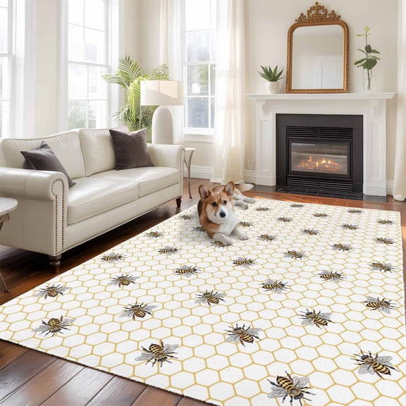6'x9' Area Rugs, Yellow Bees Indoor Outdoor Area Rug for Living Room Bedroom, Honeybee Geometric Hive Simple Pastoral Washable Bathroom Rugs Kitchen Floor Carpet Mats Home Decor Aesthetic