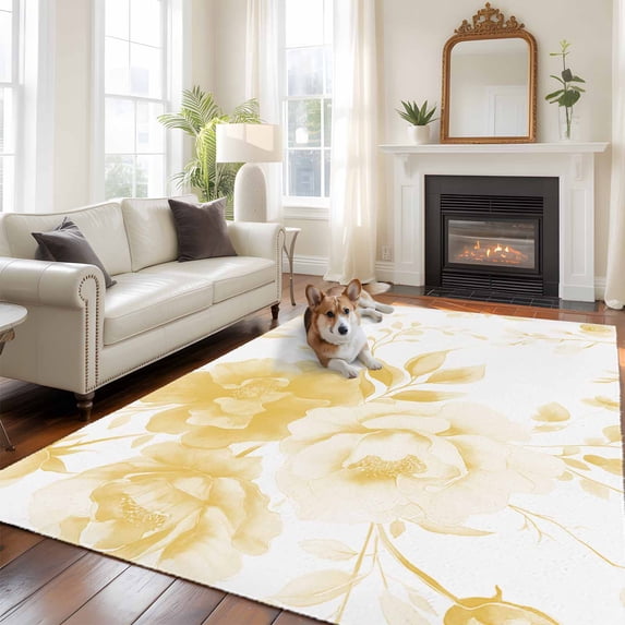 6'x9' Area Rugs, Yellow Floral Art Indoor Outdoor Area Rug for Living Room Bedroom, Watercolor Botanical Spring Flowers Washable Bathroom Rugs Kitchen Floor Carpet Mats Home Decor Aesthetic