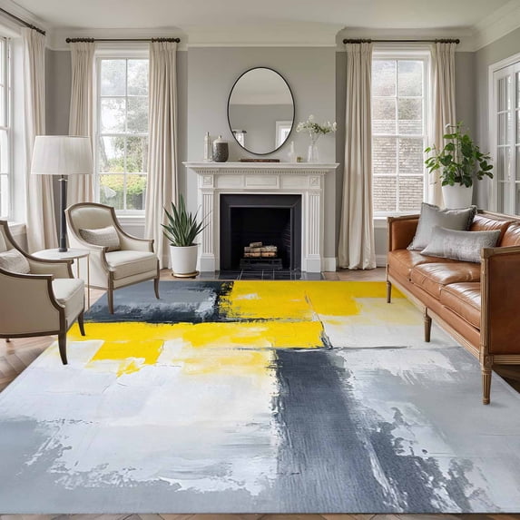 6'x9' Area Rugs, Yellow Grey Indoor Outdoor Area Rug for Living Room Bedroom, Modern Oil Painting Abstract Washable Bathroom Rugs Kitchen Floor Carpet Mats Home Decor Aesthetic