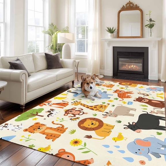 6'x9' Area Rugs, Zoo Animals Indoor Outdoor Area Rug for Living Room Bedroom, Cute Funny Cow Lion Cartoon Washable Bathroom Rugs Kitchen Floor Carpet Mats Home Decor Aesthetic