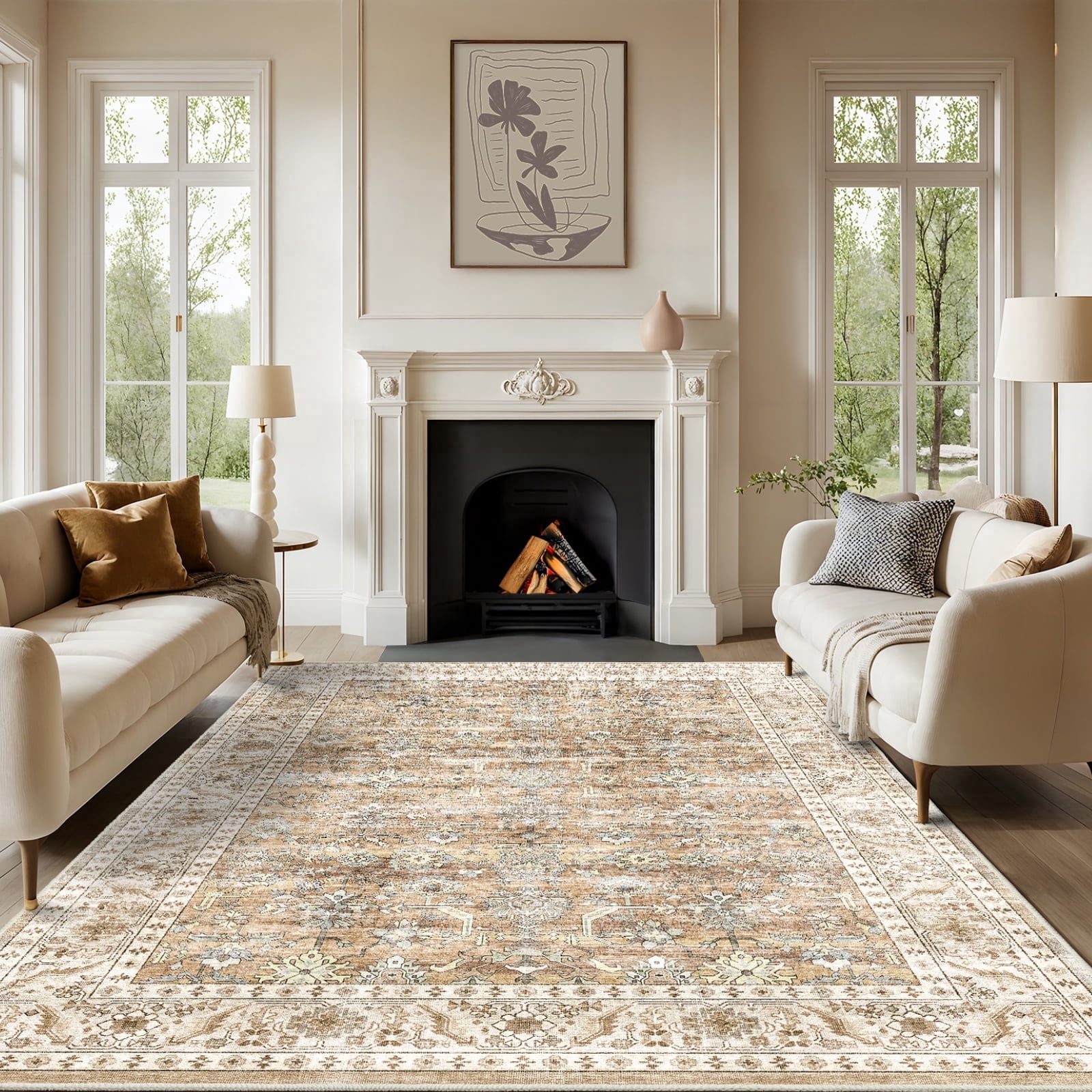 Cozylore 6'x9' Area Rugs for Living Room Vintage Indoor Rug Low Pile Non Slip Carpet for Bedroom Dining Room Office Home Decor, Beige Brown