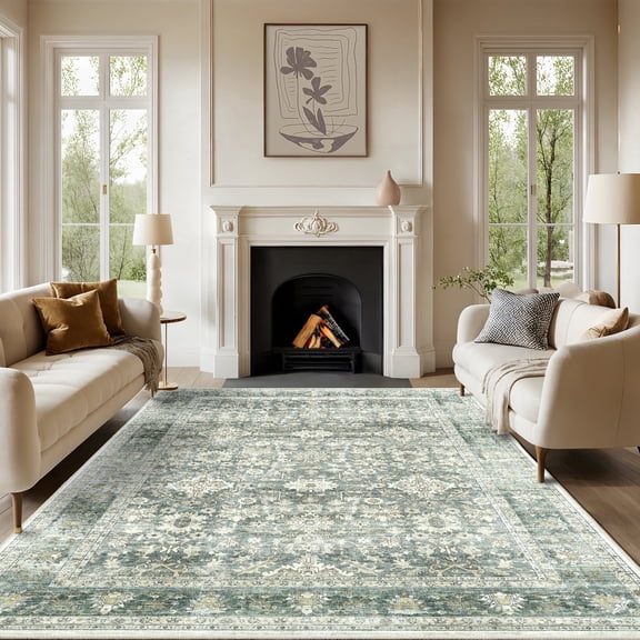 Cozylore 6'x9' Area Rugs for Living Room Vintage Indoor Rug Low Pile Non Slip Carpet for Bedroom Dining Room Office Home Decor, Green