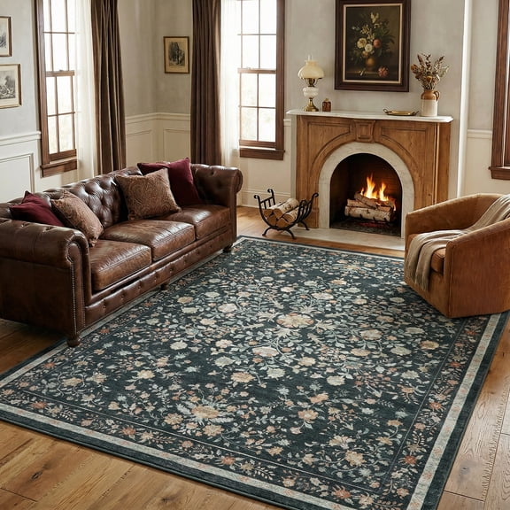 CHITOOMA 6'x9' Boho Area Rugs for Living Room, Machine Washable Stain Resistant Non-Shed Carpet, Floral Area Rug with Non-Slip Backing for Bedroom, Dining Room, Dorm, Office