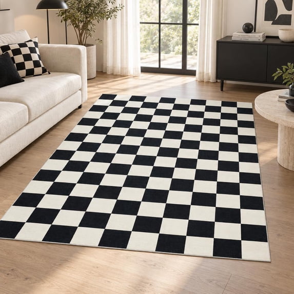 6'x9' Checkerboard Machine Washable Area Rug, Stain Resistant Non-Slip ...