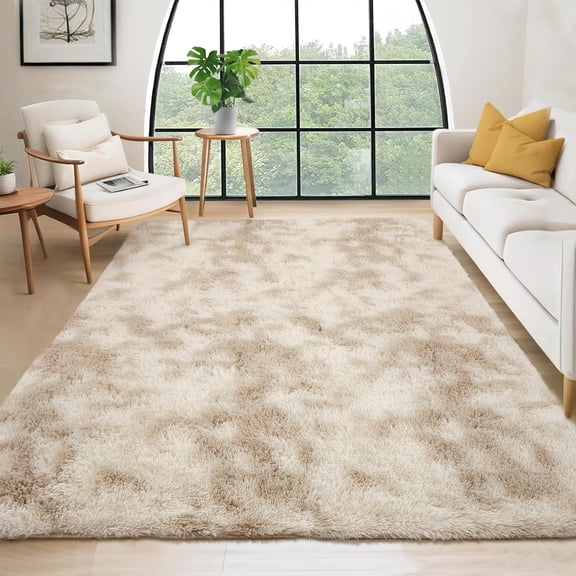 6'x9' Large Fluffy Tie-Dye Shaggy Area Rug for Living Room, Soft Fuzzy Plush Rug for Dining Room & Playroom, Aesthetic Carpet, Non-Shedding, Machine Washable, Tie-Dyed Light Coffee