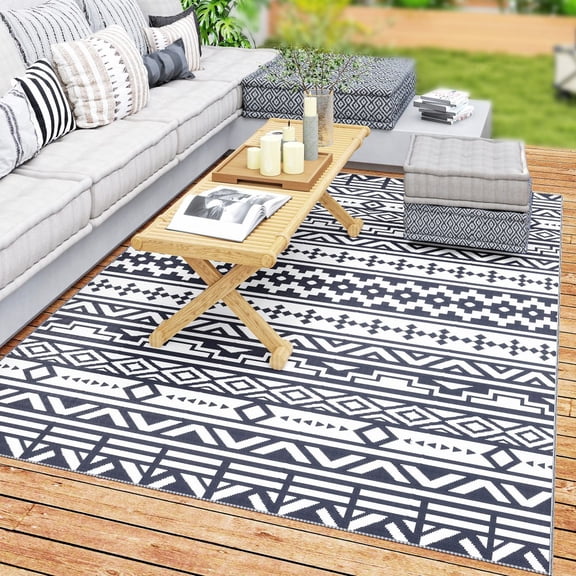 6'x9' Outdoor Rug, Waterproof Reversible Patio Rug, Blue & White Geometric Plastic Straw Carpet with Carry Bag for Camping RV