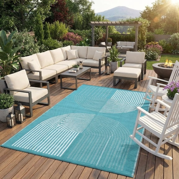 6'x9' Outdoor Rug for Porch & Balcony, Reversible Plastic Straw Rug Waterproof Outdoor Mat for Entryway Deck and Camping, Blue and White