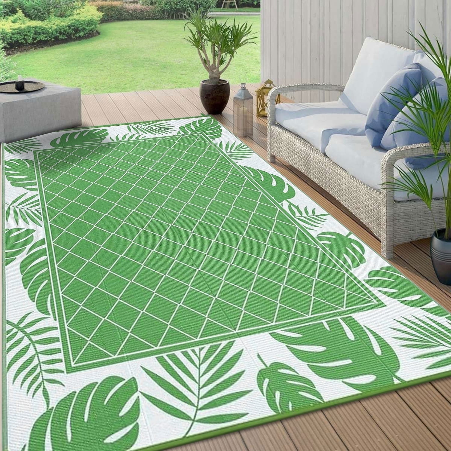 8'x10' Outdoor Rugs for Patio, Yamaziot Patio Rug RV Mats, Waterproof Reversible Plastic Straw Camping Rug for Deck Porch Balcony Beach Mat, Green