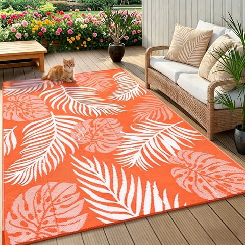 6'x9' Outdoor Rugs for Patios, Yamaziot Tropical Patio Rug RV Mats, Waterproof Reversible Plastic Straw Camping Rug for Deck Porch Balcony Beach Blankets, Orange