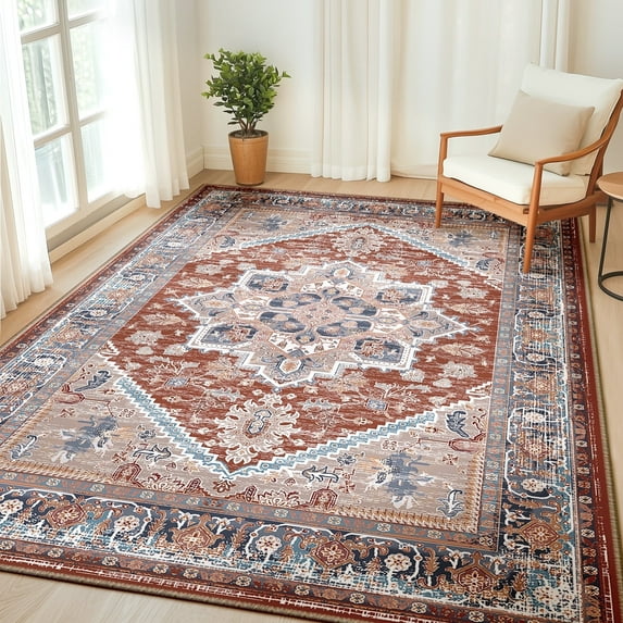 6'x9' Area Rugs, Machine Washable Non Slip Area Rug for Living Room, Soft Low Pile Vintage Print Pattern Indoor Bedroom Thin Carpet, Brick Red