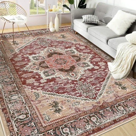 6'x9' Area Rugs, Machine Washable Non Slip Area Rug for Living Room, Soft Low Pile Vintage Print Pattern Indoor Bedroom Thin Carpet, Burgundy