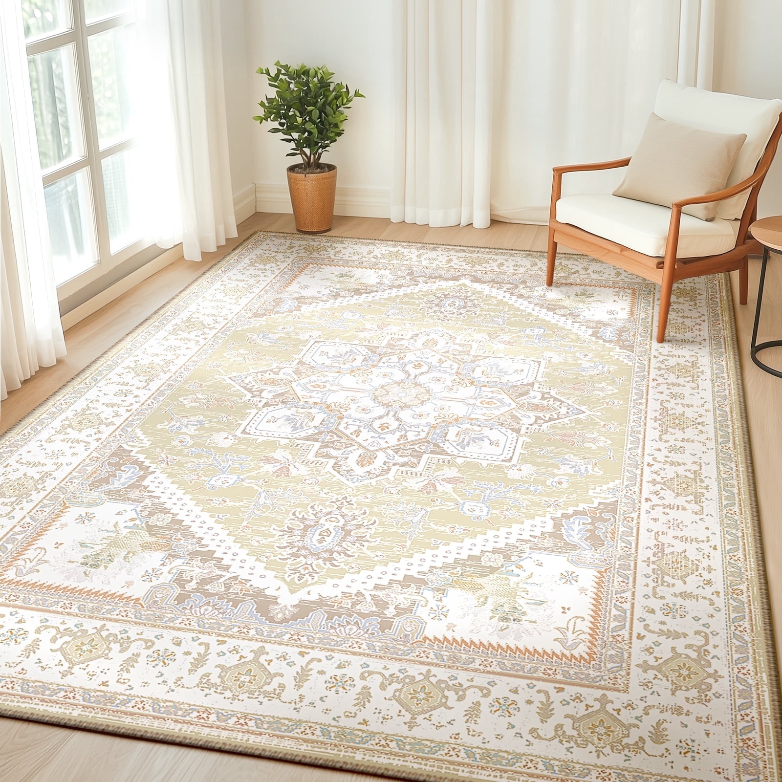 6'x9' Area Rugs, Machine Washable Non Slip Area Rug for Living Room, Soft Low Pile Vintage Print Pattern Indoor Bedroom Thin Carpet, Cream