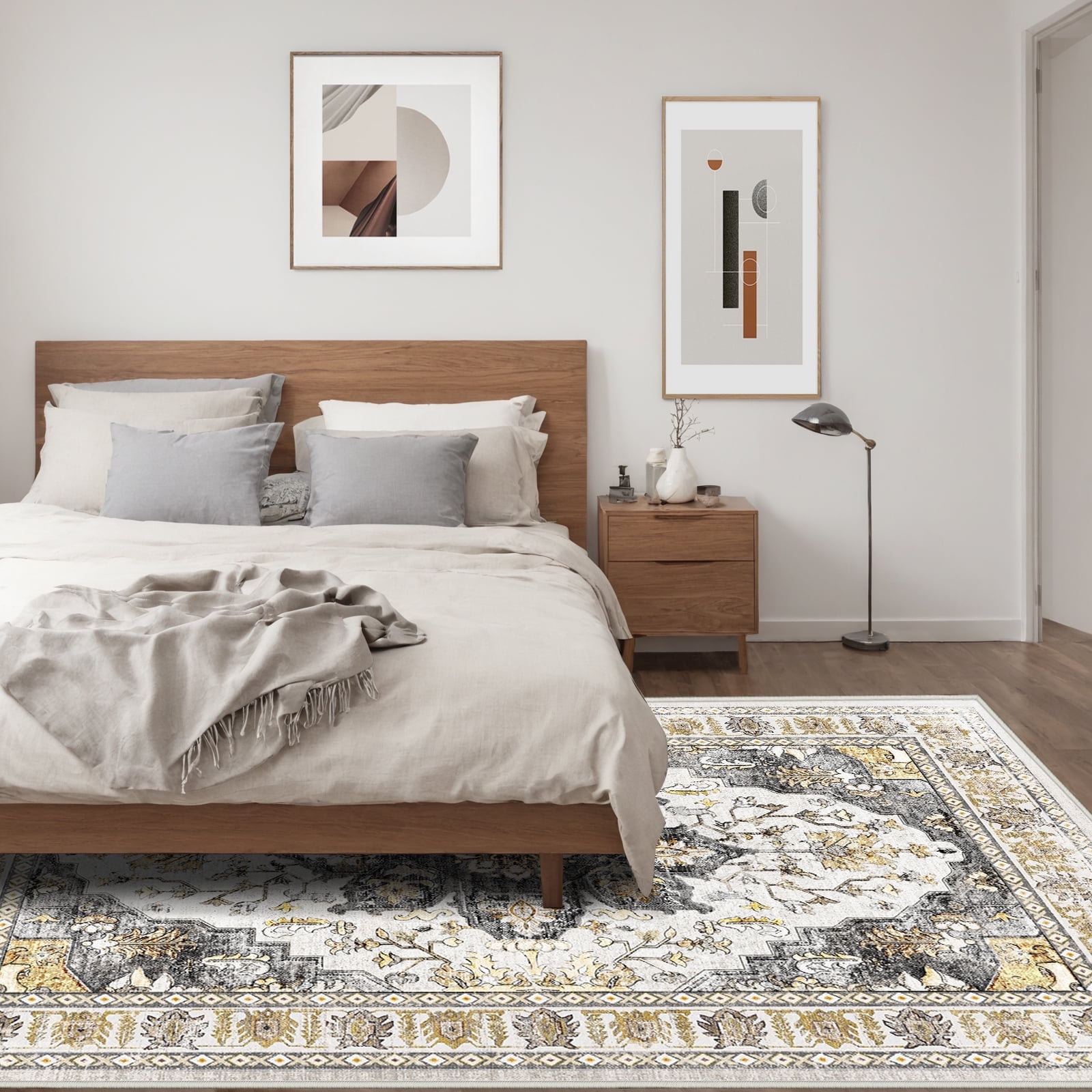 6'x9' Vintage Area Rugs,Soft Washable Distressed Thin Rugs for Living Room Bedroom,Non-Slip Foldable Indoor Carpet,Grey Brown