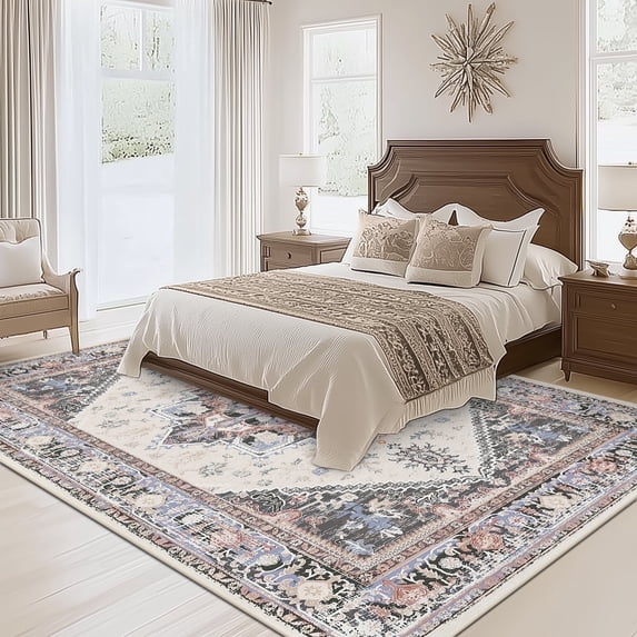 6'x9' Area Rugs, Machine Washable Non Slip Area Rug for Living Room, Soft Low Pile Vintage Print Pattern Indoor Bedroom Thin Carpet, Khaki