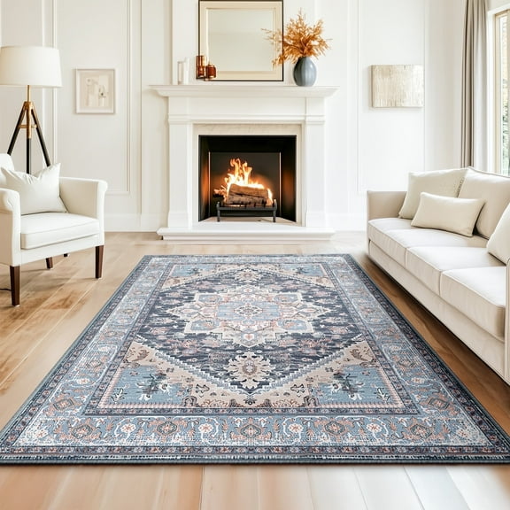 6'x9' Area Rugs, Machine Washable Non Slip Area Rug for Living Room, Soft Low Pile Vintage Print Pattern Indoor Bedroom Thin Carpet, Navy Blue