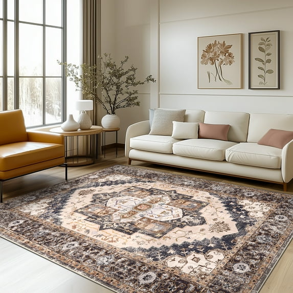 6'x9' Washable Area Rugs for Living Room,Traditional Vintage Thin Rugs,Non-Slip Persian Carpet,Brown Coffee