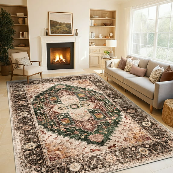 6'x9' Washable Area Rugs for Living Room,Traditional Vintage Thin Rugs,Non-Slip Persian Carpet,Brown Green